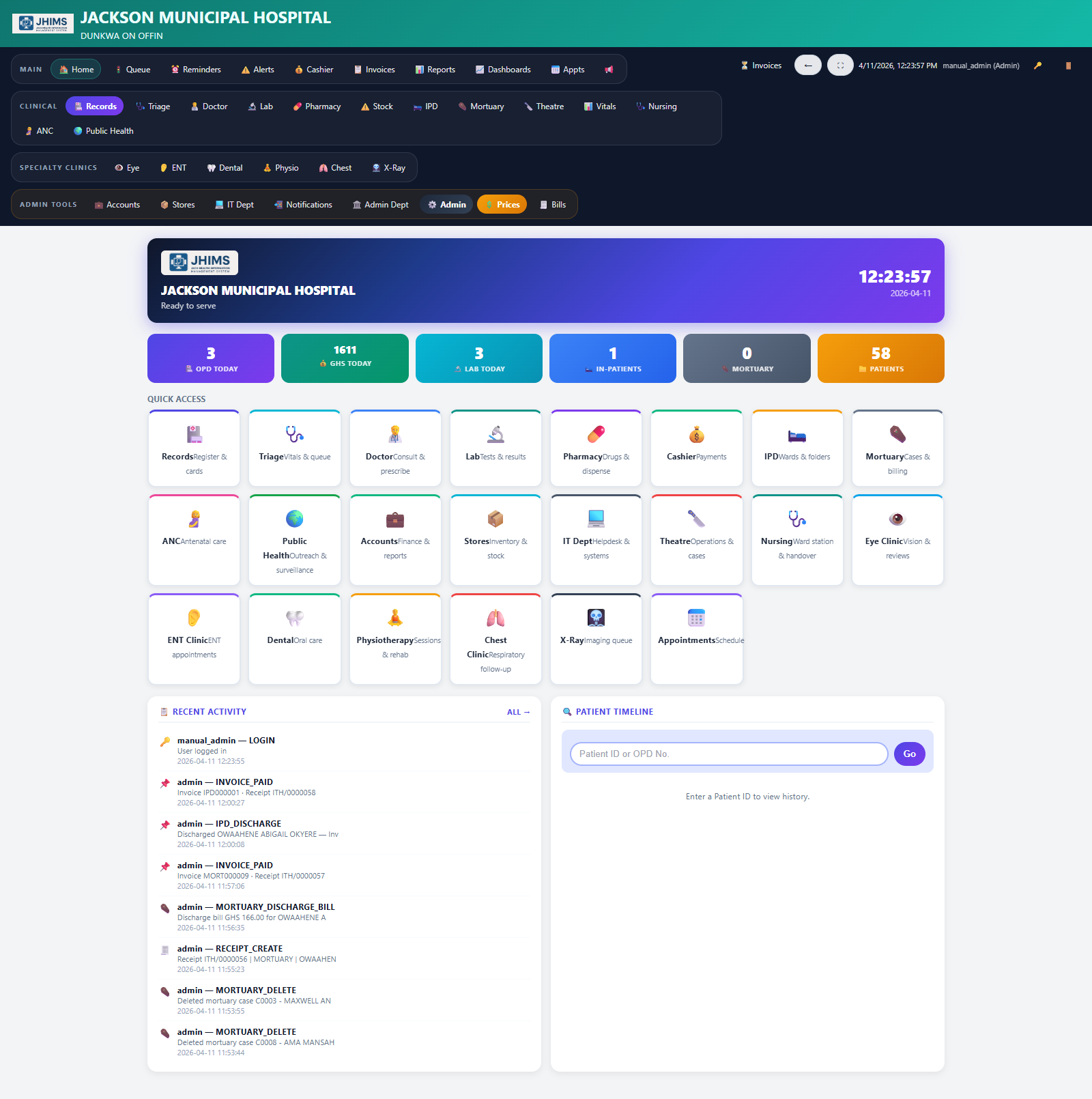 JHIMS dashboard overview